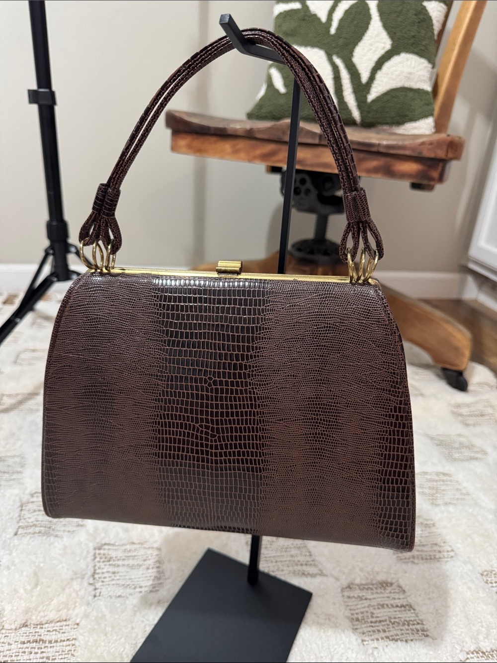 Vintage Dover Brown faux reptile Skin Frame Handbag Made in USA Top Handle Purse - Picture 2 of 9